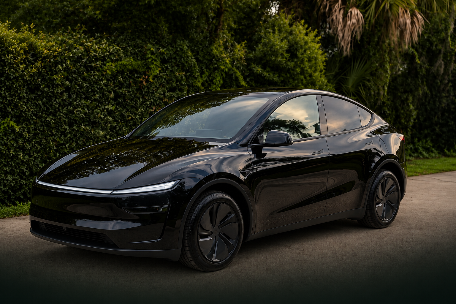 EcoLux 2026 Tesla Model Y — black three-quarter front view in a Florida driveway surrounded by lush greenery