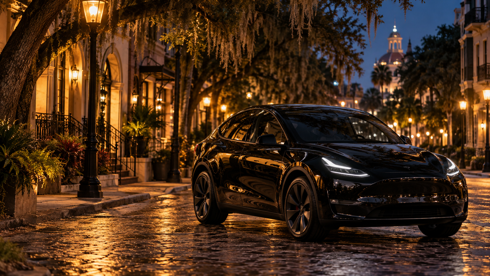 EcoLux Experiences — cinematic nighttime Tesla on a cobblestone street