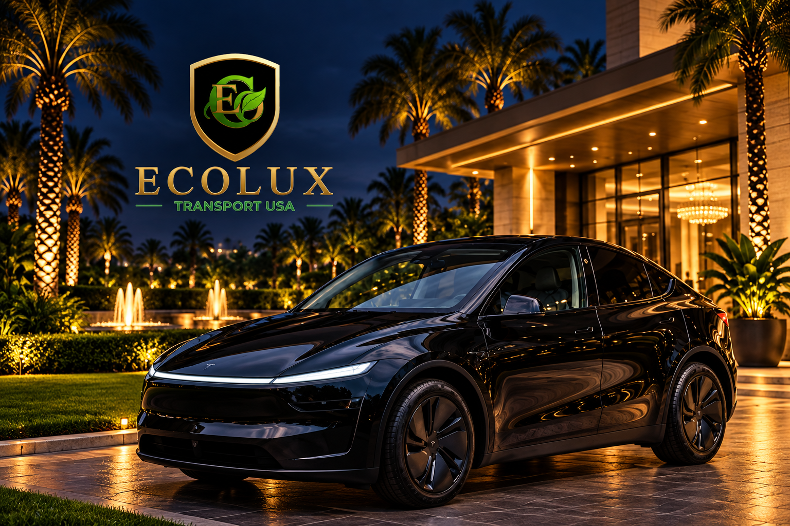 EcoLux Transport USA black Tesla Model Y parked at a luxury resort entrance at night, palm trees and fountains in background